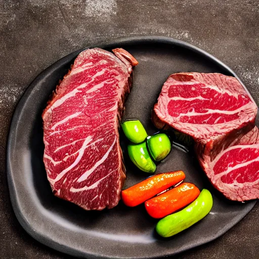 Prompt: a plate of wagyu steak, food photography