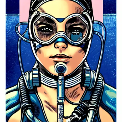 Prompt: a tarot card design of a female diver with a oxygen mask intricate detailed mask with front profile by MARVEL comics and Sandra Chevrier