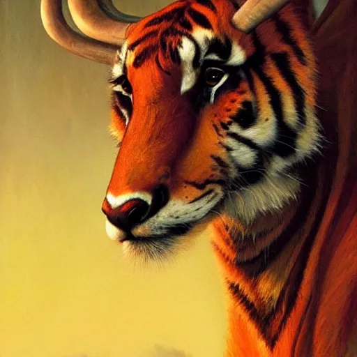 Prompt: a dramatic portrait of a antelope in!!! tiger!!! skin, cinematic lighting, symmetric face by karol bak, christopher balaskas