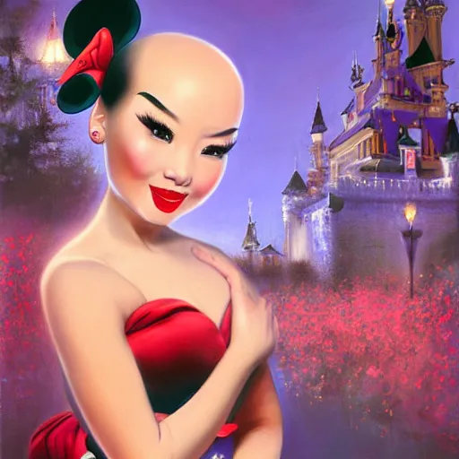 Image similar to beautiful bald chinese woman with pinup makeup wearing disneyland mouse ears standing in front of the disneyland castle at night, oil painting, highly detailed, theatrical lighting, sharp focus