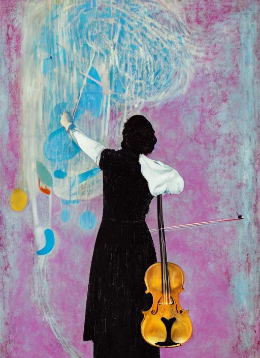 Prompt: woman standing with violin down painted by vincent lefevre and hernan bas and pat steir and hilma af klint, psychological, photorealistic, symmetrical face, dripping paint, washy brush, rendered in octane, altermodern, masterpiece