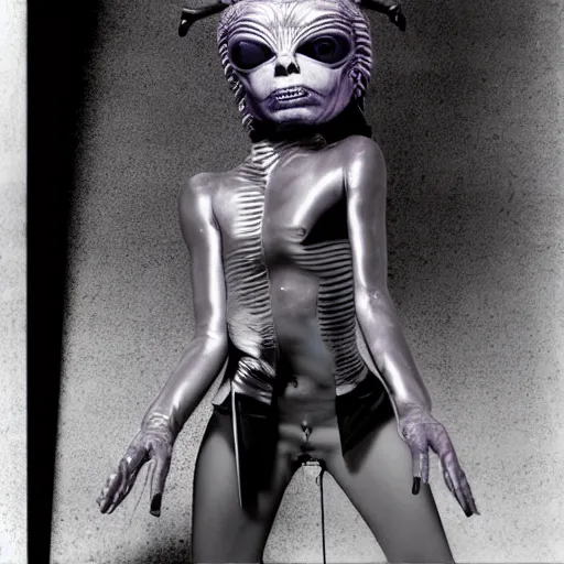 Image similar to alien with telescopic limbs dressed in glam clothing, photo by cindy sherman