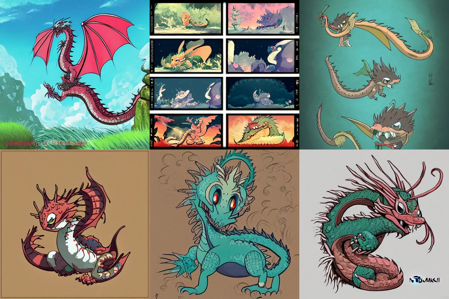 Prompt: small cute dragon in the style of studio ghibli, myazaki, anime, highly detailed, retro art style, trending on artstation