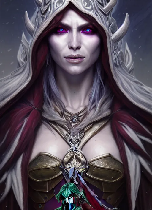 Prompt: portrait and fullbody of the sylvanas windrunner on the frozen throne, ultra realistic, concept art, intricate details, eerie, highly detailed, photorealistic, octane render, 8 k, unreal engine. art by artgerm and greg rutkowski and charlie bowater and magali villeneuve and alphonse mucha
