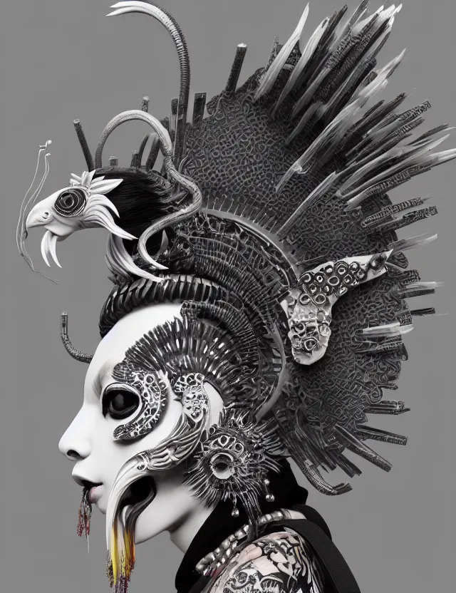 Image similar to 3 d goddess close - up profile portrait punk with mohawk with ram skull. beautiful intricately detailed japanese crow kitsune mask and clasical japanese kimono. betta fish, jellyfish phoenix, bio luminescent, plasma, ice, water, wind, creature, artwork by tooth wu and wlop and beeple and greg rutkowski