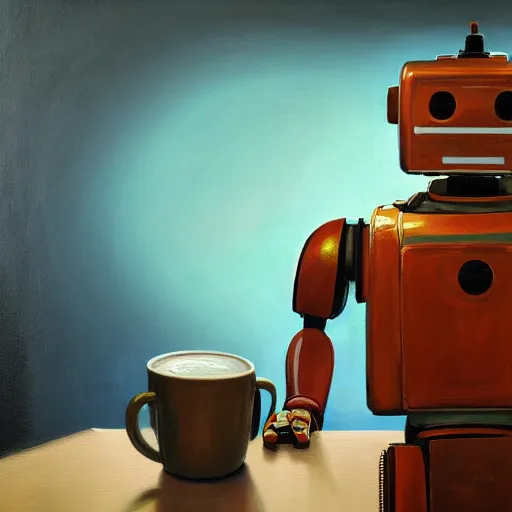 Image similar to soulful oil painting of a friendly empatic robot serving a cup of coffee, by simon stalenhaag, by laurie greasley, high depth of field, fresh colors, coffee beans, coffee, steam, hyperdetailed, hyperrealistic, moody light, 3 d octane render, 4 k, volumetric lights, smooth, cosy atmosphere, artstation!