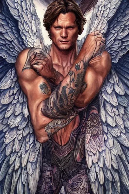 Image similar to handsome Sam Winchester as a muscular angel wings wide open whole body tattooed with runes and religious symbols, urban fantasy romance book cover, D&D!, fantasy style, sharp focus!, ultra detailed, art by Artgerm and Peter Andrew Jones, WLUP