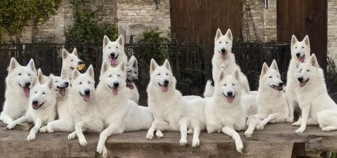 Prompt: 7 white shepherd dogs sitting around a table