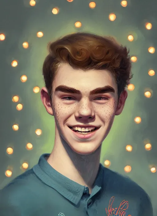 Image similar to portrait of teenage archie andrews, freckles, curly middle part haircut, curly hair, smiling kindly, friendly, 1 9 5 0 s, intricate, elegant, glowing lights, highly detailed, digital painting, artstation, concept art, smooth, sharp focus, illustration, art by wlop, mars ravelo and greg rutkowski