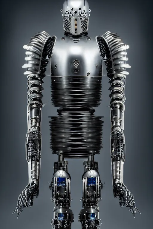 Image similar to medieval cybernetic robo - knight, symmetrical, cinematic, elegant, demonic atmosphere, professional studio light, real dlsr photography, sharp focus, made by hans giger, 4 k, ultra hd, sense of awe