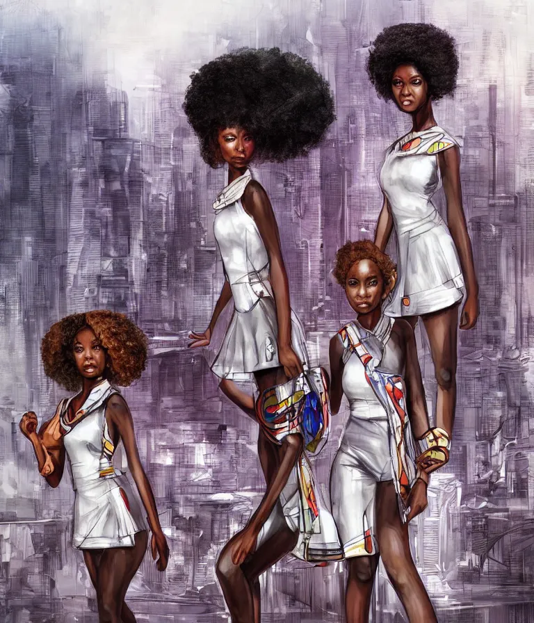 Image similar to a perfect, realistic professional digital sketch of african schoolgirls posing in a sci-fi afro futuristic cityscape, style of Marvel, full length, by pen and watercolor, by a professional American senior artist on ArtStation, a high-quality hollywood-style sketch, on high-quality paper