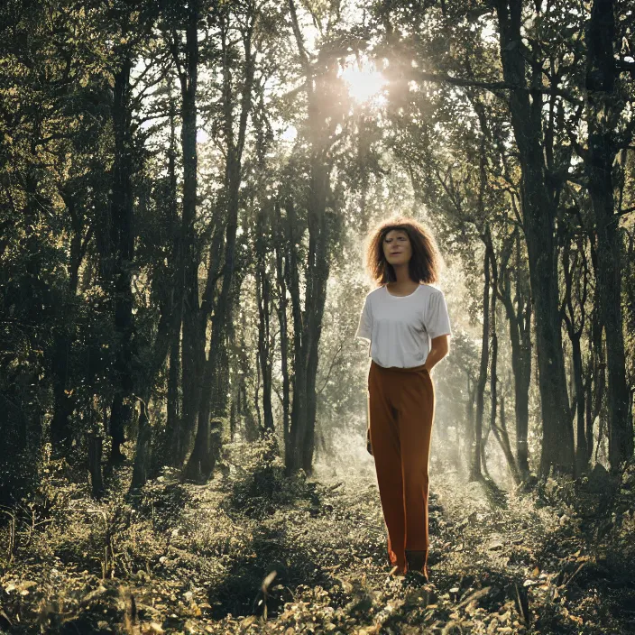 Image similar to a woman, in nature, backlit, wearing pants and a t-shirt, backlit, photo by Marat Safin, Canon EOS R3, f/1.4, ISO 200, 1/160s, 8K, RAW, unedited, symmetrical balance, in-frame