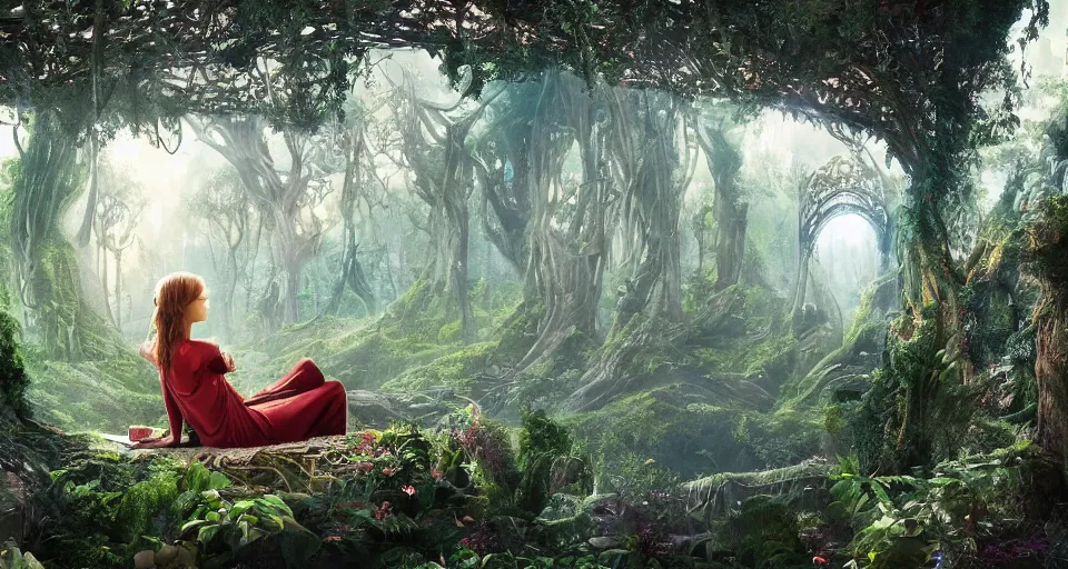 Image similar to An incredibly beautiful shot from a 2022 fantasy film featuring a character sitting in a cozy art nouveau reading nook inside a fantasy treehouse. A fantasy forest city is seen through a window. 8K UHD.