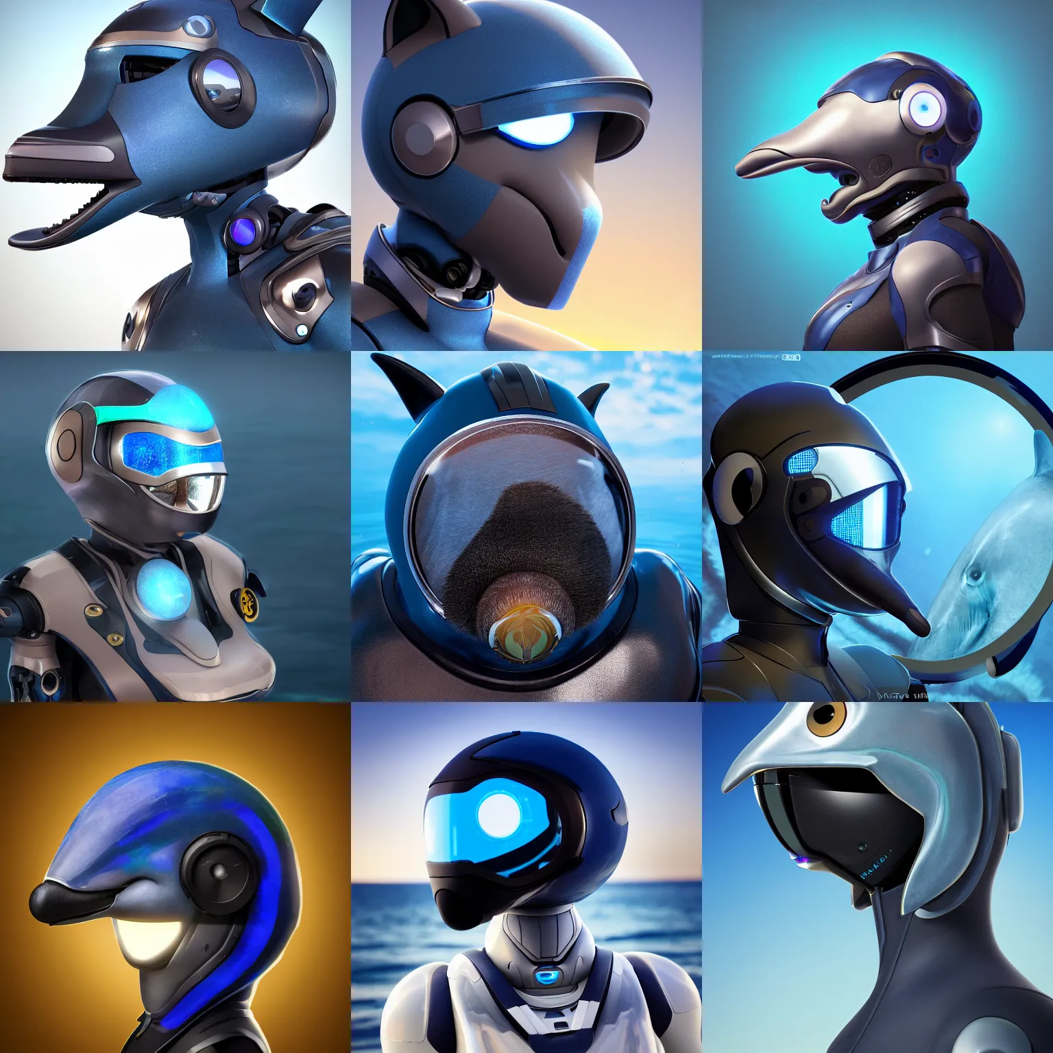 Prompt: very very beautiful furry art, bust profile picture of a robotic anthro dolphin, face covered by opaque visor, truncated snout under visor, round shapes, all dark blue metal, commission on furaffinity, cgsociety, octane render, sea in background