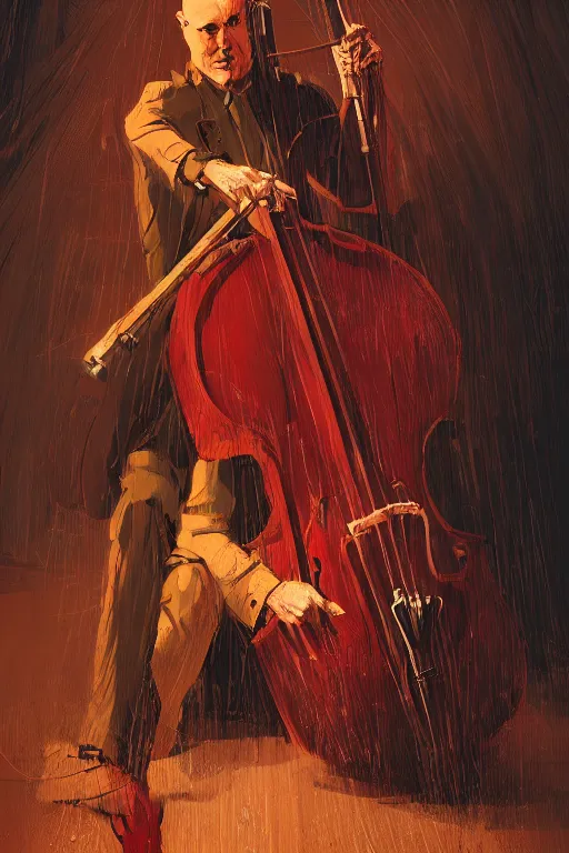 Image similar to an expressive portrait of agent 4 7 playing the cello in a monastery, dark background, red rim light, digital art, artstation, concept art by giger stalenhag