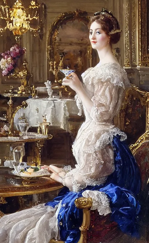 Prompt: Victorian princess drinking tea on the royal palace dining room. By Konstantin Razumov, highly detailded