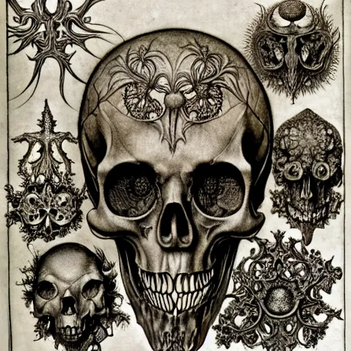 Image similar to memento mori by arthur rackham, art forms of nature by ernst haeckel, exquisitely detailed, art nouveau, gothic, ornately carved beautiful skull dominant, intricately carved antique bone, art nouveau botanicals, ornamental bone carvings, art forms of nature by ernst haeckel, horizontal symmetry, arthur rackham, ernst haeckel, symbolist, visionary