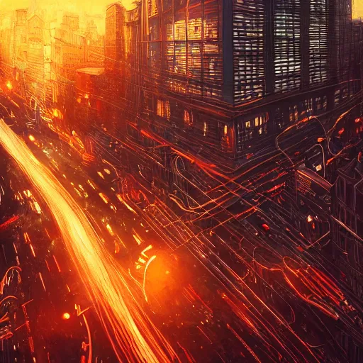 Image similar to detailed intricate digital illustration by greg rutkowski and artgerm and wlop and sanford robinson gifford ; glowing anatomically correct human veins loom over city intersection ; 1 3 mm film, arri alfa anamorphic lens ; long exposure, sharp focus ; golden hour, trending on artstation 8 k