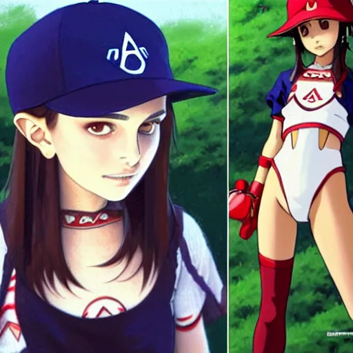 Image similar to beautiful boyish natalie portman alluring gravure model in majora's mask, wearing wooden mask and baseball cap and leotard, street wear with subtle mayan patterns, aztec bathing suit, gapmoe yandere grimdark, trending on pixiv fanbox, painted by greg rutkowski makoto shinkai takashi takeuchi studio ghibli, akihiko yoshida