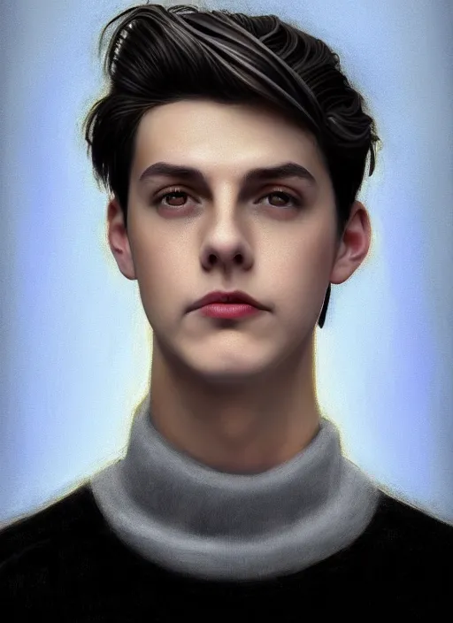 Image similar to portrait of teenage jughead jones wearing a light grey crown, crown, blue turtleneck, 1 9 5 0 s, closed eyes, photorealistic, black hair, glowing lighting, intricate, elegant, glowing lights, highly detailed, digital painting, artstation, concept art, smooth, sharp focus, illustration, art by wlop, mars ravelo and greg rutkowski