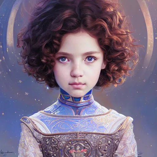 Image similar to a little girl with short wavy curly light brown hair and blue eyes, a space empress in byzantine style. beautiful highly detailed face, painting by artgerm and greg rutkowski and ilya kuvshinov.