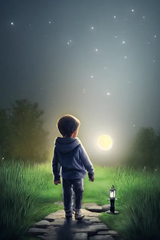 Image similar to a little boy carrying cat at night, lantern light besides, photorealistic face and skin tones, dreamy moonlit nightscape by the garden, lake house, smooth, matte colors, trending on artstation, 4 k, 8 k