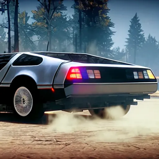 Prompt: dmc 1 2 delorean with a jet engine on the back in red dead redemption 2