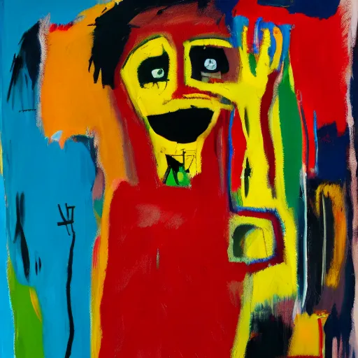 Image similar to abstract oil painting, basquiat style, woman holding hand over face