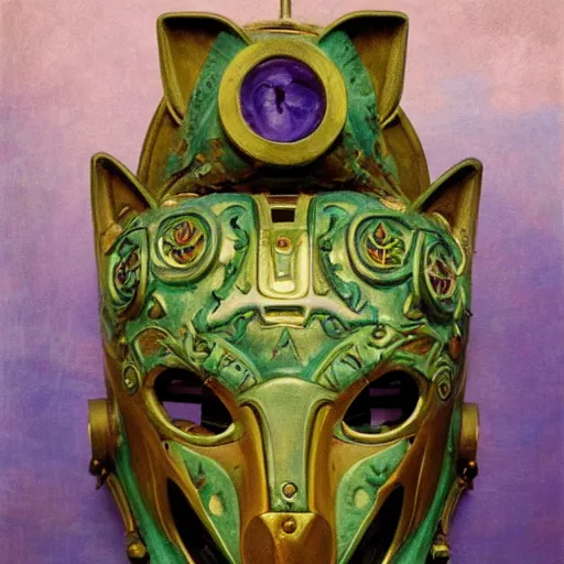 Image similar to beautiful ornate mechanical robot cat head mask, by annie swynnerton and diego rivera and nicholas roerich and jean delville, symbolist, dramatic lighting, god rays, elaborate geometric ornament, art brut, colors are soft greens and blues and purple, smooth, sharp focus, extremely detailed, adolf wolfli and ( donato giancola )