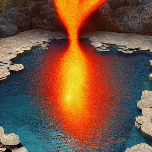 Image similar to A beautiful pool in the middle of a volcano throwing lava, digital art,