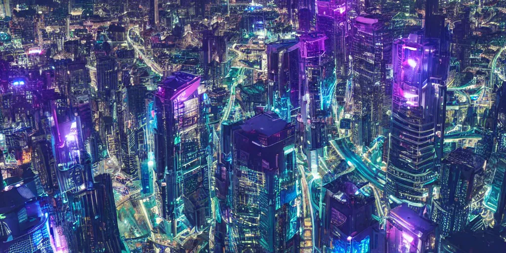 Prompt: photorealistic helicopter view of futuristic city at night neon lights very tall highrises sci-fi flying cars