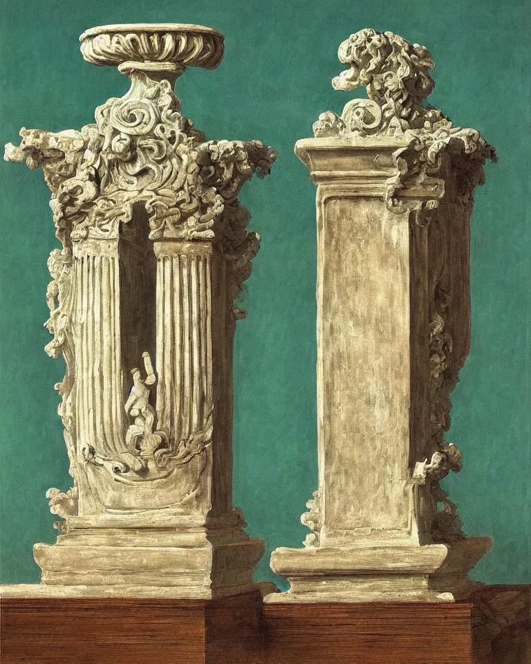 Image similar to achingly beautiful painting of intricate ancient roman corinthian capital on jade background by rene magritte, monet, and turner. giovanni battista piranesi.