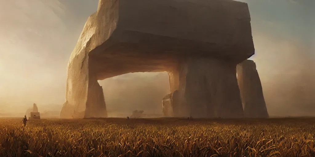 Image similar to wide shot of a monolithic structure floating high above a cornfield, late afternoon, golden hour, highly detailed, smooth, sharp focus, concept art by greg rutkowski and ruan jia