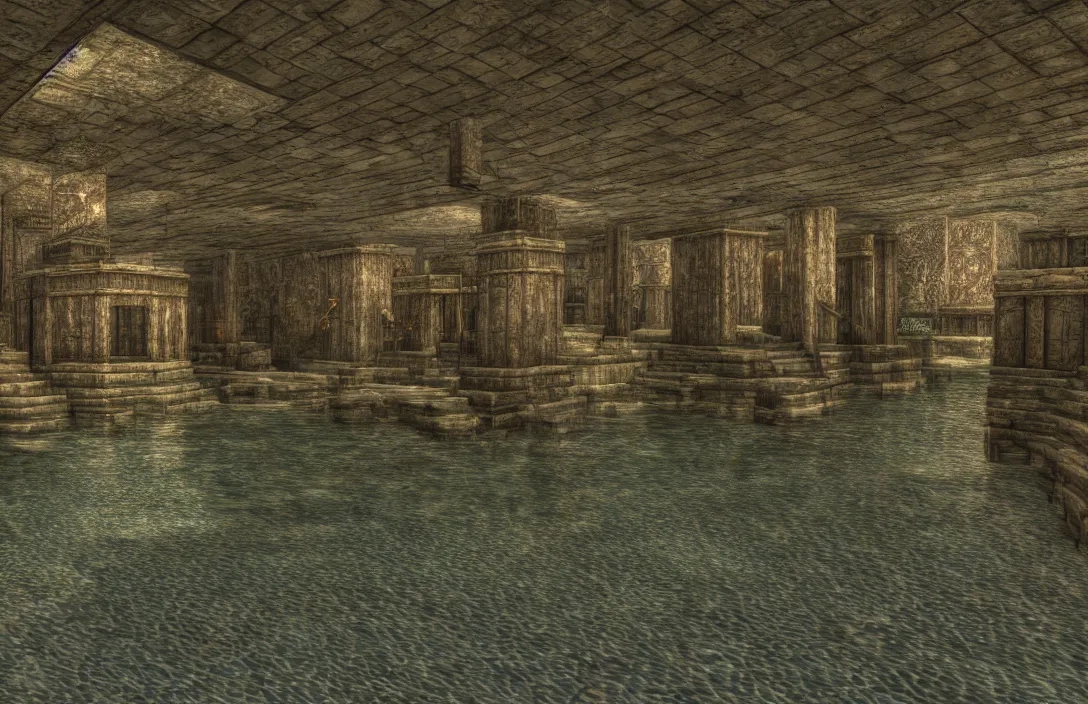 Prompt: vacation photos from morrowind. hyperrealism by ansel adams 8 k resolution texture graphics mods 1 2 0 fps interior of waterworks underneath city