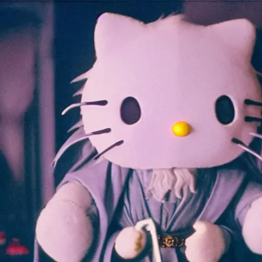 Image similar to gandalf cosplaying Hello Kitty, movie still from the lord of the rings