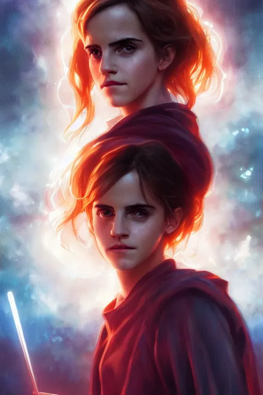 Image similar to portrait of Emma Watson as Hermione Granger in cyberpunk, neon lighting, night city, digital art from artstation by Ruan Jia and Mandy Jurgens and Artgerm and william-adolphe bouguereau and Greg Rutkowski and Wayne Barlowe