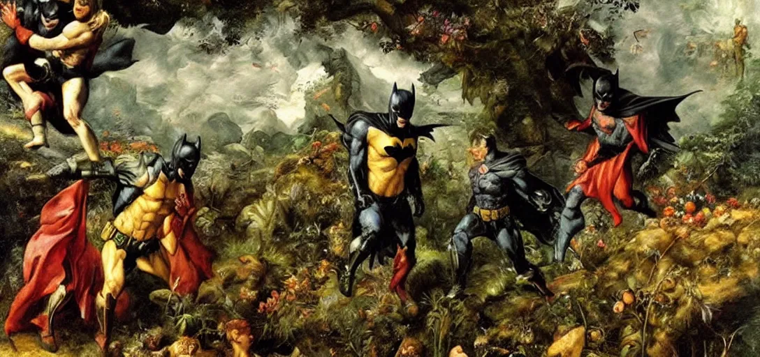 Prompt: batman entering the garden of eden, detailed oil painting by jan matejko