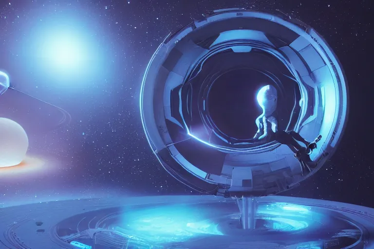 Image similar to friendly aliens coming to earth through a space portal,hyper realistic, 8K, octane render