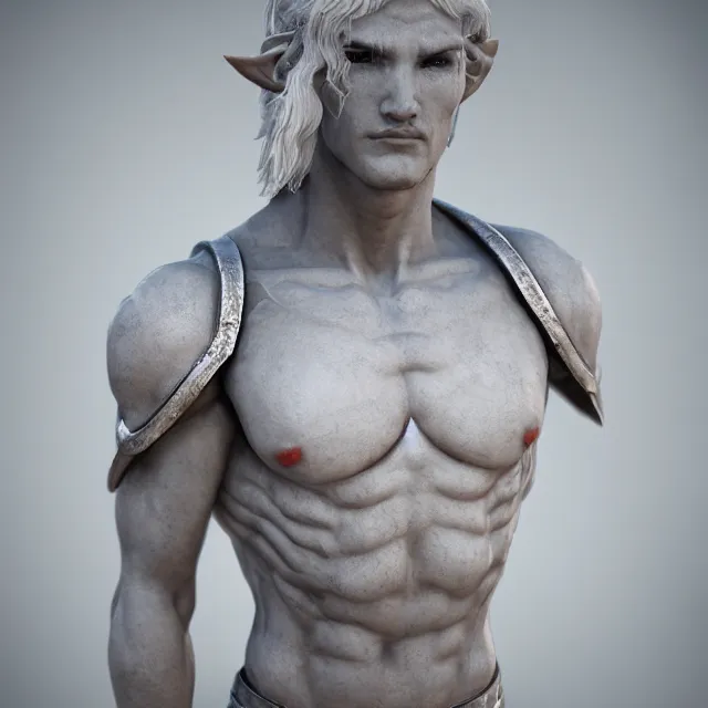 Image similar to marble sculpture of a male warrior elf, realistic, unreal engine render, octane render, hyper realistic, photo, 8 k, cinematic lighting