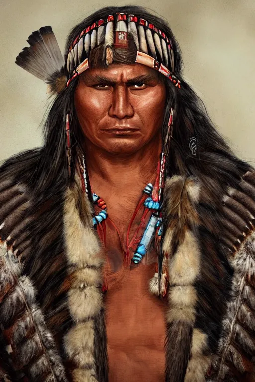 Prompt: Photo of Native American indian man Duke Nukem, portrait, skilled warrior of the Apache, ancient, realistic, detailed, Duke Nukem