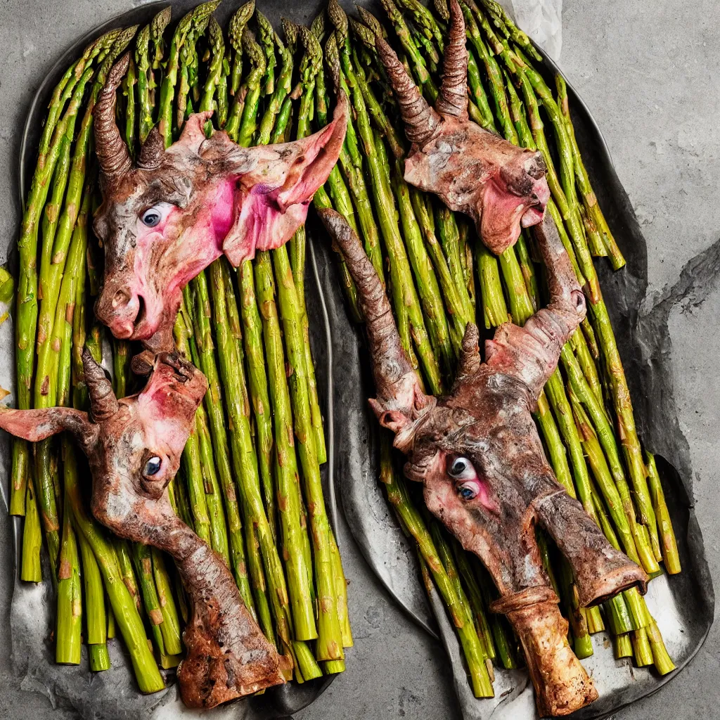 Prompt: roasted unicorn head served with green asparagus. 4 k food photography, image from bbc good food magazine