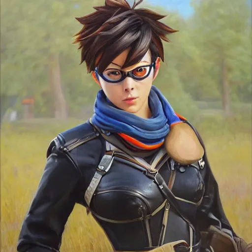 Prompt: oil painting of tracer overwatch in a field wearing very large leather belt choker collar around neck, in style of mark arian, expressive face, very detailed face, very detailed eyes, full body, feminine face, tracer overwatch,