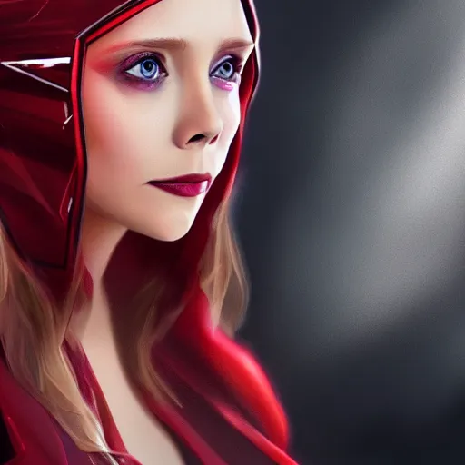 Image similar to Elizabeth Olsen as the Scarlet Witch, Elizabeth Olsen wearing Scarlet Witch attire and makeup, photorealistic imagery, trending on artstation, 4k, 8k