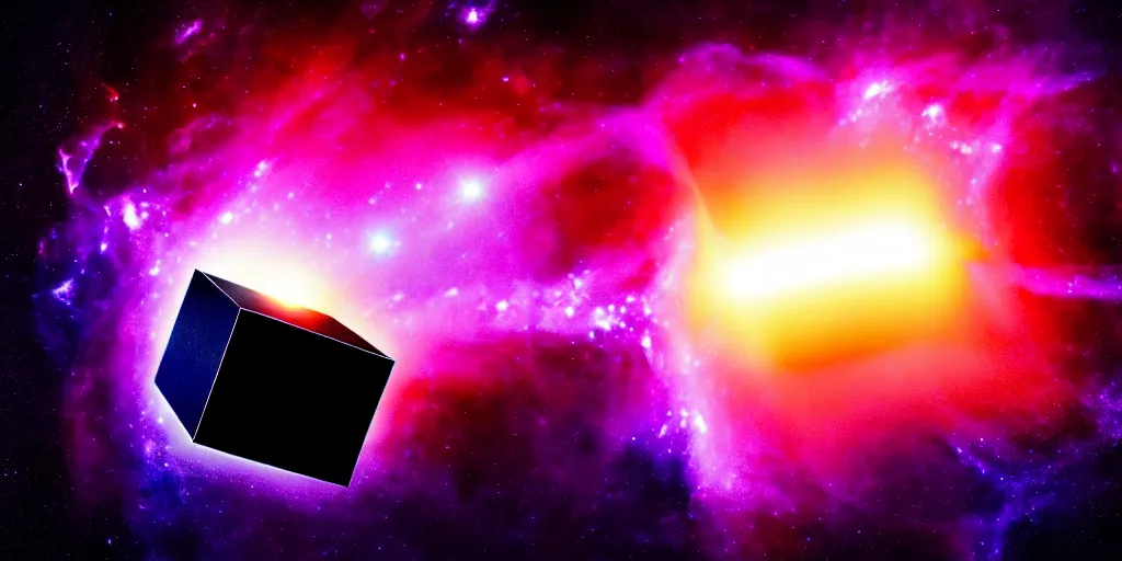 Image similar to A black cube projecting on its surface a black hole devouring galaxies and stars, floating In the middle of the ocean, Photography, Cinematic, Time-Lapse, Panorama, Field of View, 3-Dimensional, Hyperdimensional, 32k, Star, Cube, Powerful, Beautiful Lighting