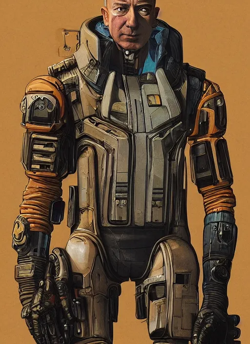 Image similar to jeff bezos as a menacing cyberpunk mercenary with robotic blade arms wearing a military vest and jumpsuit. dystopian. portrait by stonehouse and mœbius and will eisner and gil elvgren and pixar. realistic proportions. cyberpunk 2 0 7 7, apex, blade runner 2 0 4 9 concept art. cel shading. attractive face. thick lines.