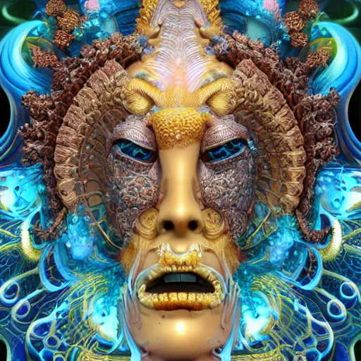 Image similar to 3 d goddess fractal close - up frontal portrait with ram golden skull. beautiful intricately detailed japanese fractal kitsune mask and clasical japanese kimono. betta fish, jellyfish fractal, bio luminescent, plasma, ice, water, wind, creature, mandelbulb, fractal, artwork by tooth wu and wlop and beeple and greg rutkowski