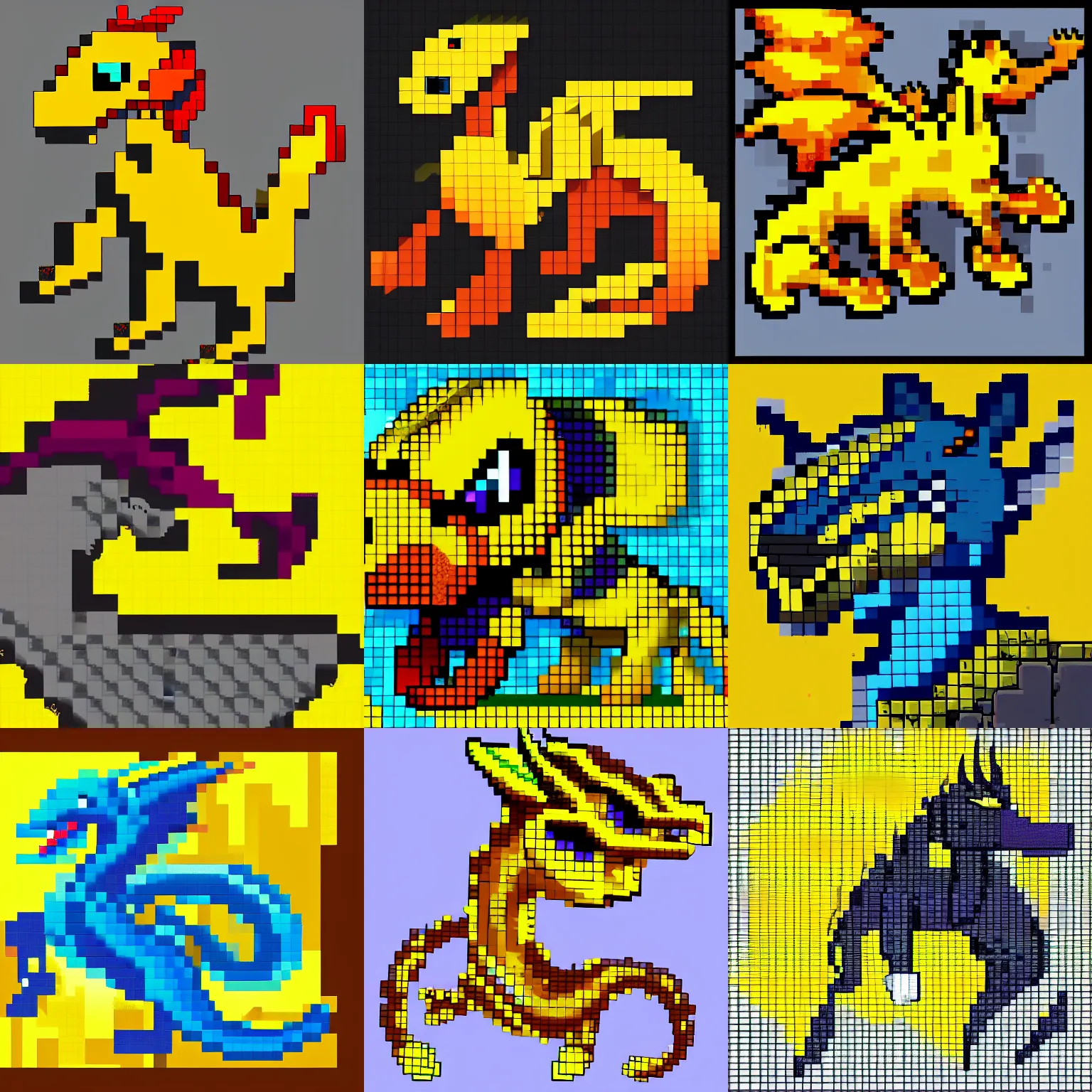 Prompt: a pixel art picture of a dragon on a yellow background, pixel art by thechamba, polycount, pixel art, # pixelart, flat shading, polycount