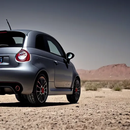 Image similar to a 2 0 1 0 abarth 5 0 0, abandoned in a desert, dusty, damaged, some rust