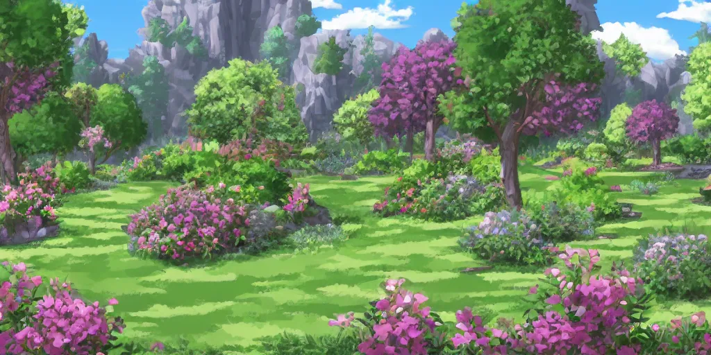 Prompt: a visual novel background, depicting a garden, without people