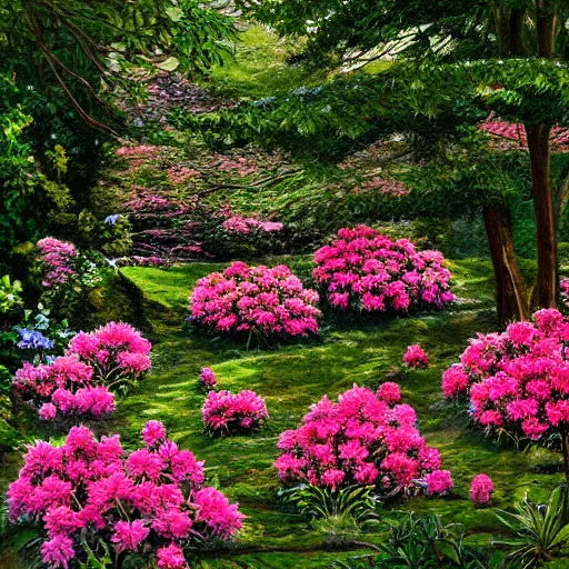 Prompt: rhododendron flowers in the english garden, photorealistic, 5 0 mm, evening light, artstation